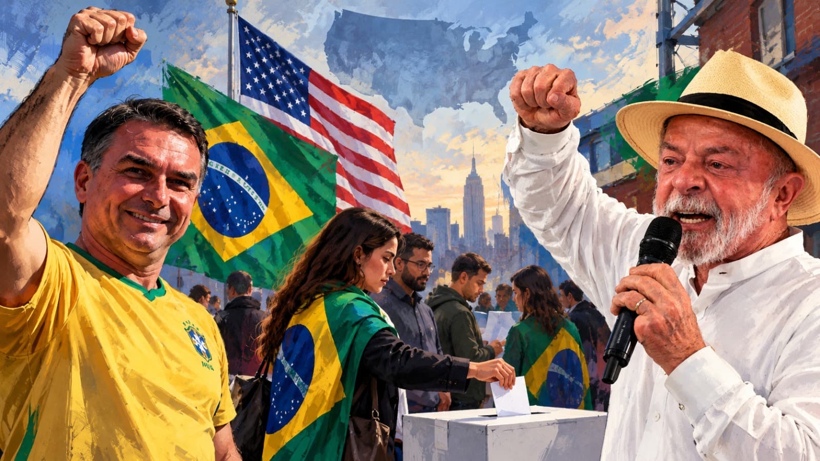 Ilustración de Flávio Bolsonaro y Lula da Silva con banderas de Brasil y Estados Unidos y brasileños votando.