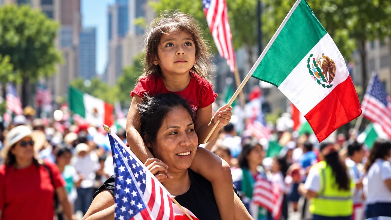 Imagen ilustrativa de una mujer latina con una niña en hombros, con banderas de Estados Unidos y México en una marcha.