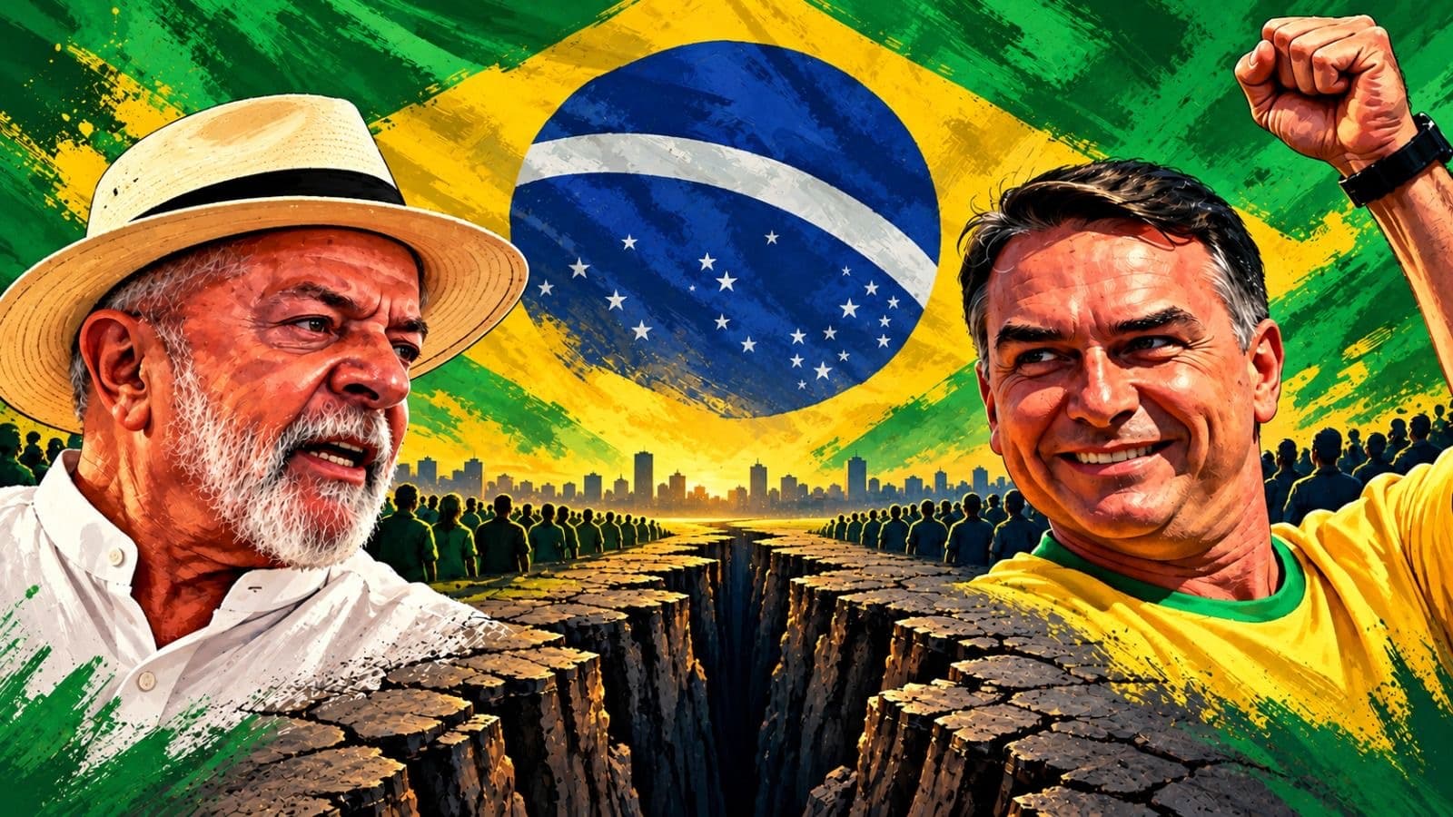 Ilustración de Lula da Silva y Flávio Bolsonaro frente a frente, separados por una grieta, con la bandera de Brasil de fondo.