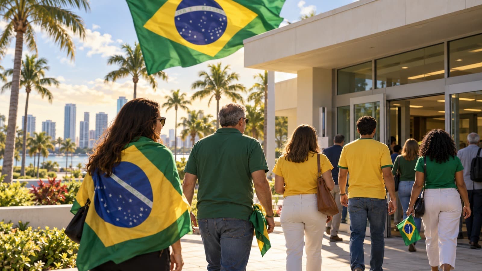 Imagen ilustrativa de brasileños con camisetas y banderas de Brasil llegando a votar en Miami.