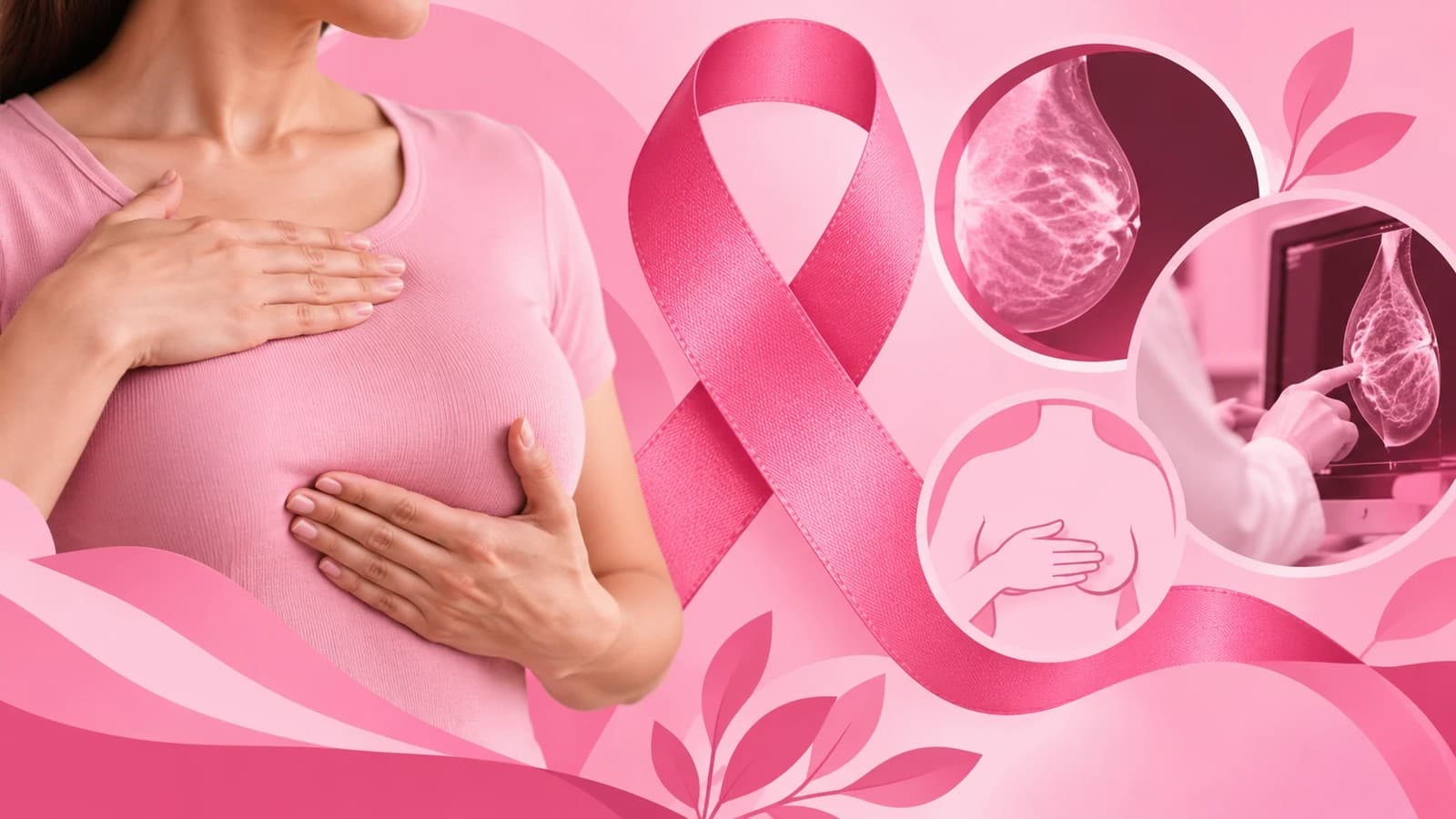 Ilustración: una mujer se palpa la mama junto al lazo rosa y a imágenes de una mamografía