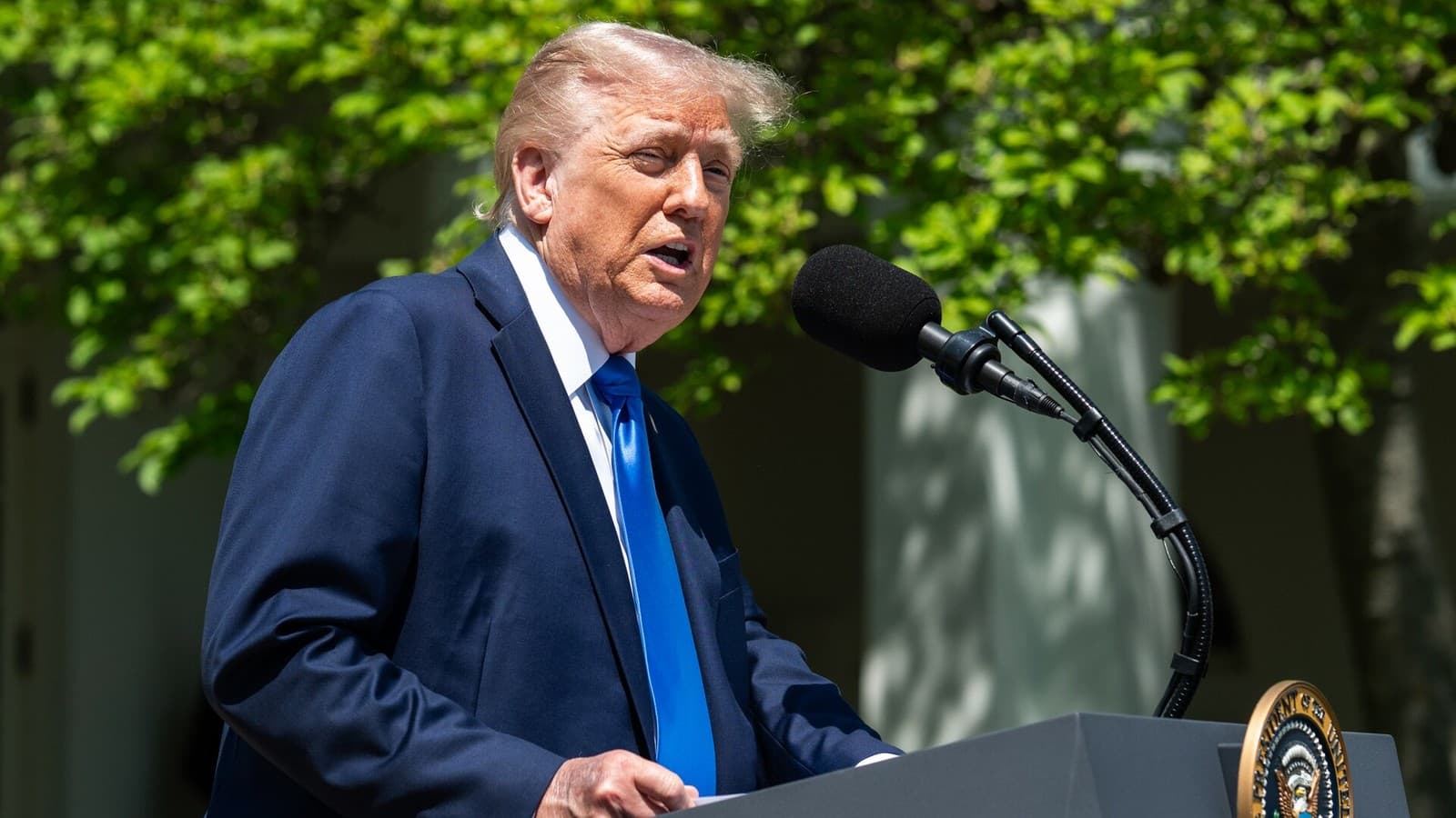 El presidente Donald Trump habla desde un atril en los jardines de la Casa Blanca
