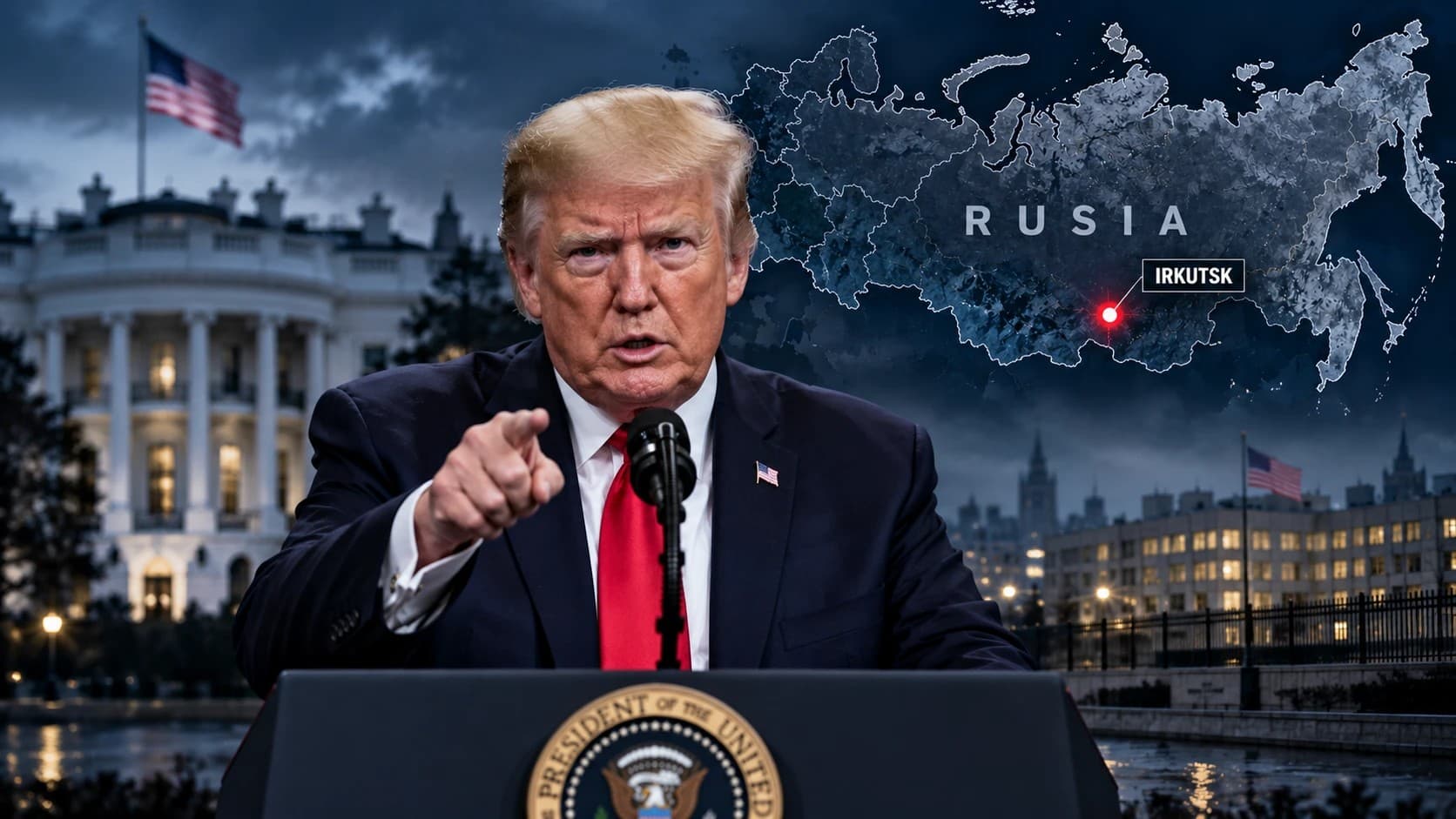 Ilustración: Donald Trump en un atril frente a la Casa Blanca y un mapa de Rusia con Irkutsk marcado