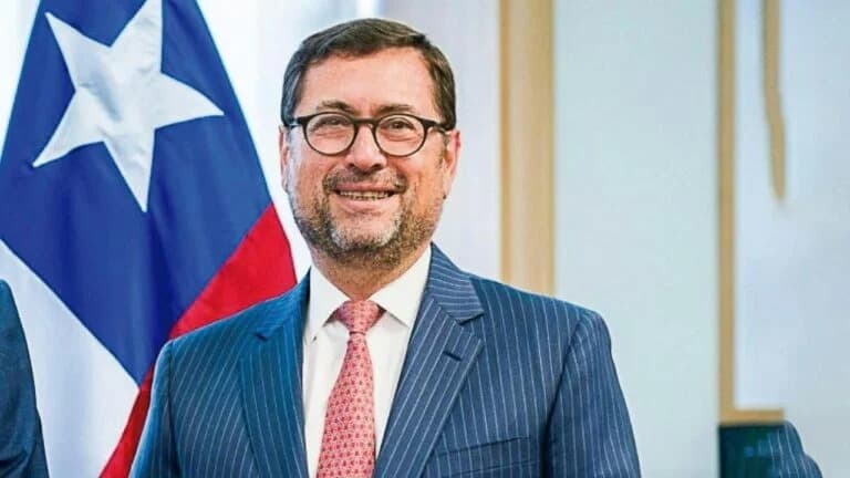 Francisco Pérez Mackenna, canciller de Chile, junto a la bandera chilena