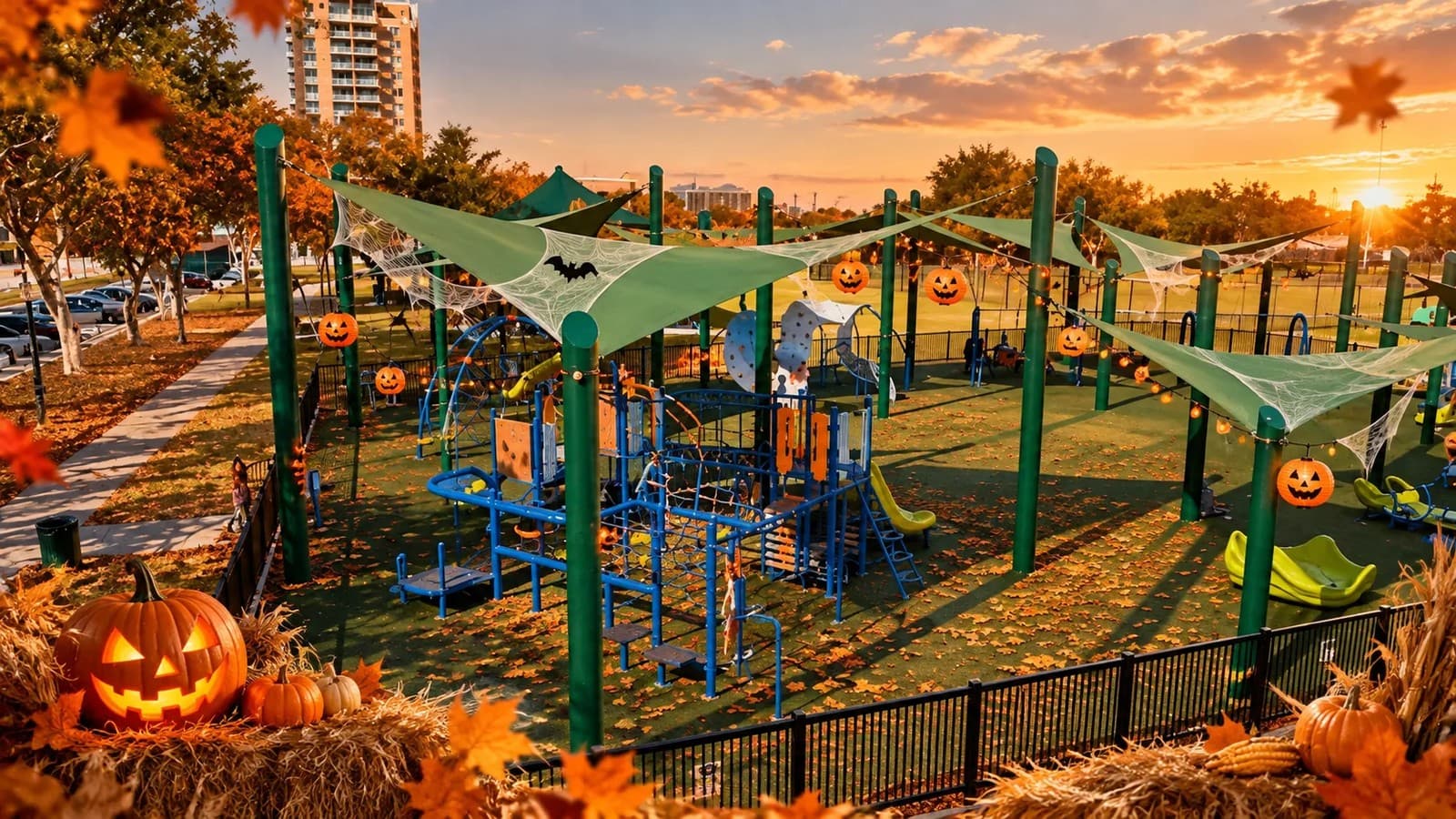 Ilustración: un parque infantil decorado con calabazas y telarañas al atardecer