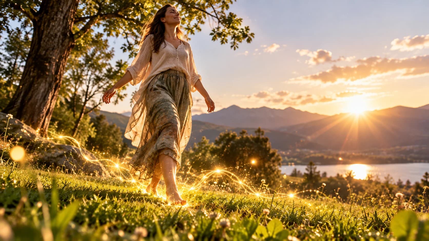 Ilustración: una mujer camina descalza sobre el pasto al atardecer
