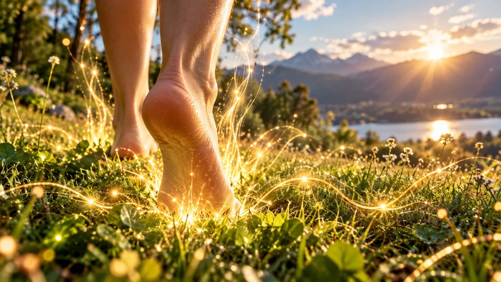 Ilustración: pies descalzos caminando sobre el pasto al atardecer