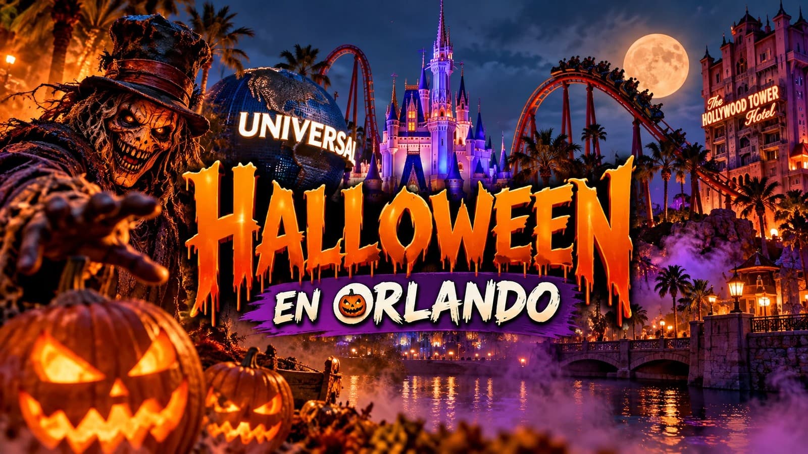 Ilustración: Halloween en Orlando, con calabazas, un castillo y montañas rusas de noche