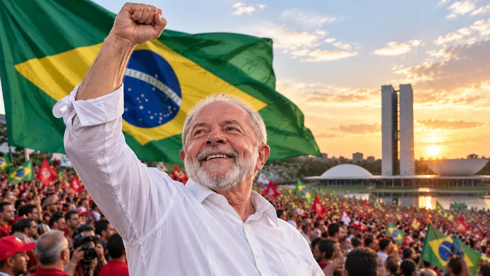 Imagen ilustrativa generada con inteligencia artificial: Lula da Silva con el puño en alto ante una multitud con banderas de Brasil, frente al Congreso en Brasilia.