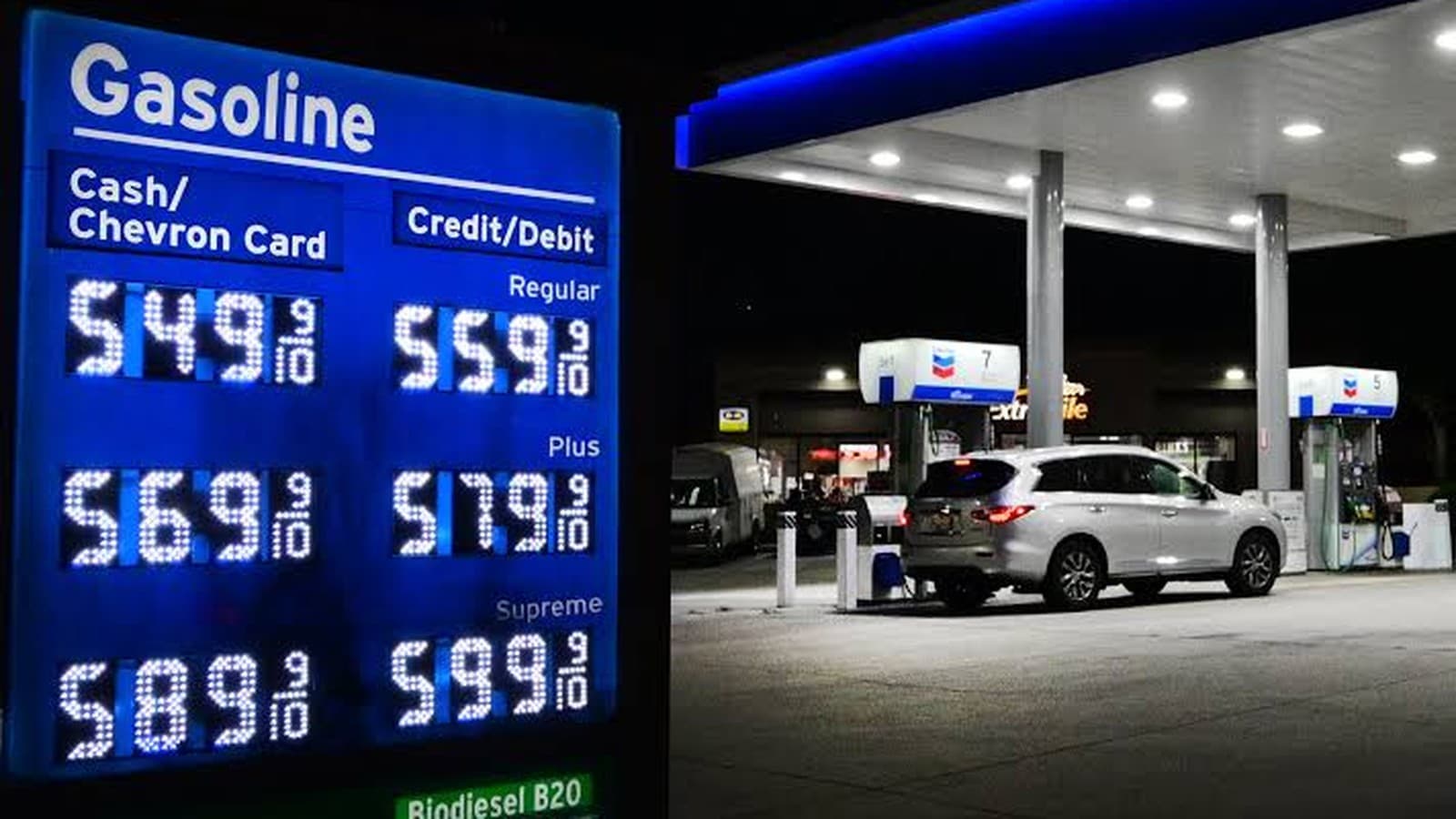 Cartel luminoso con los precios de la gasolina en una estación de servicio, de noche