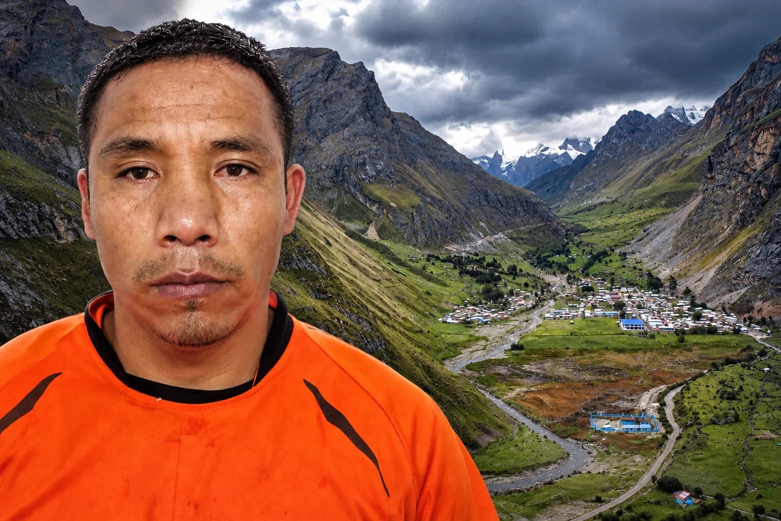 Montaje: el retrato de un hombre sobre una vista del valle de Queropalca, en Huánuco, Perú