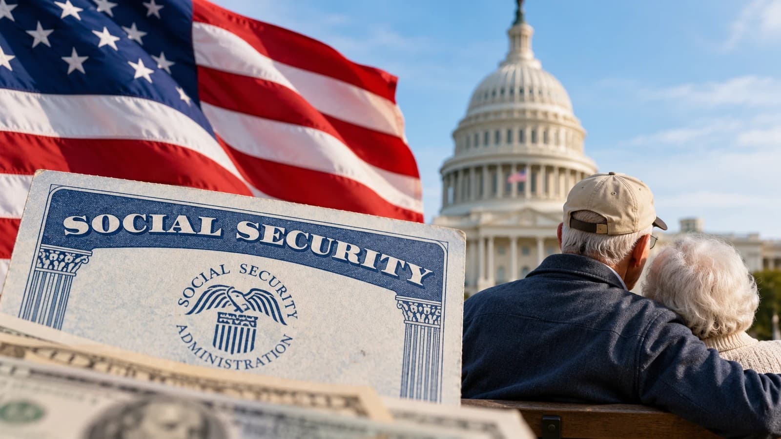 Ilustración: una tarjeta del Seguro Social, billetes y una pareja de jubilados frente al Capitolio de Estados Unidos