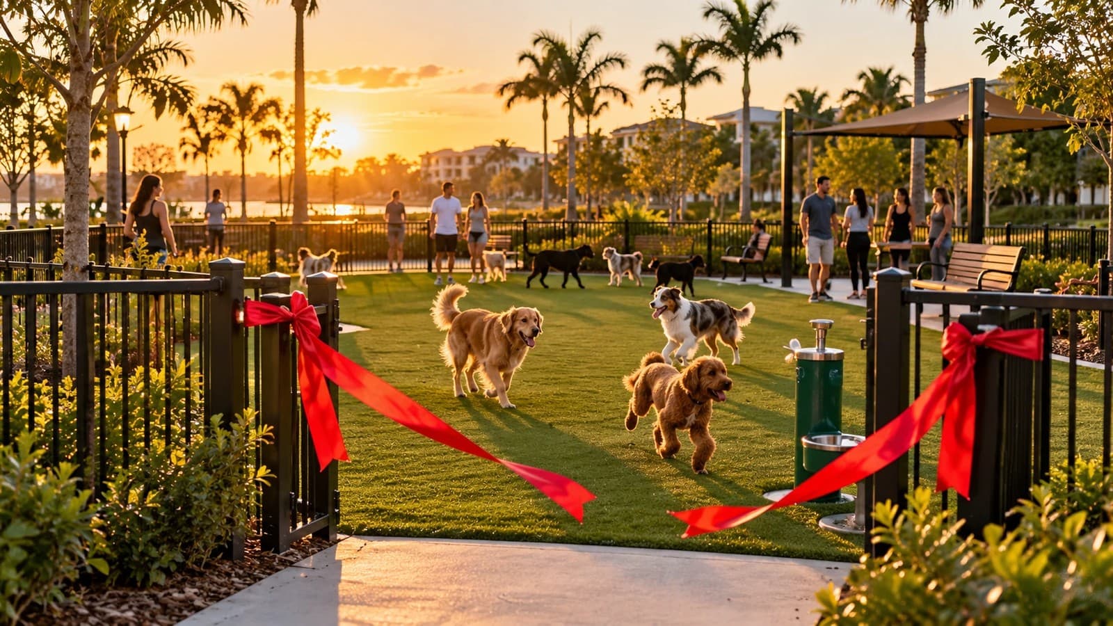 Ilustración: perros juegan en un parque recién inaugurado, con una cinta roja cortada en la entrada