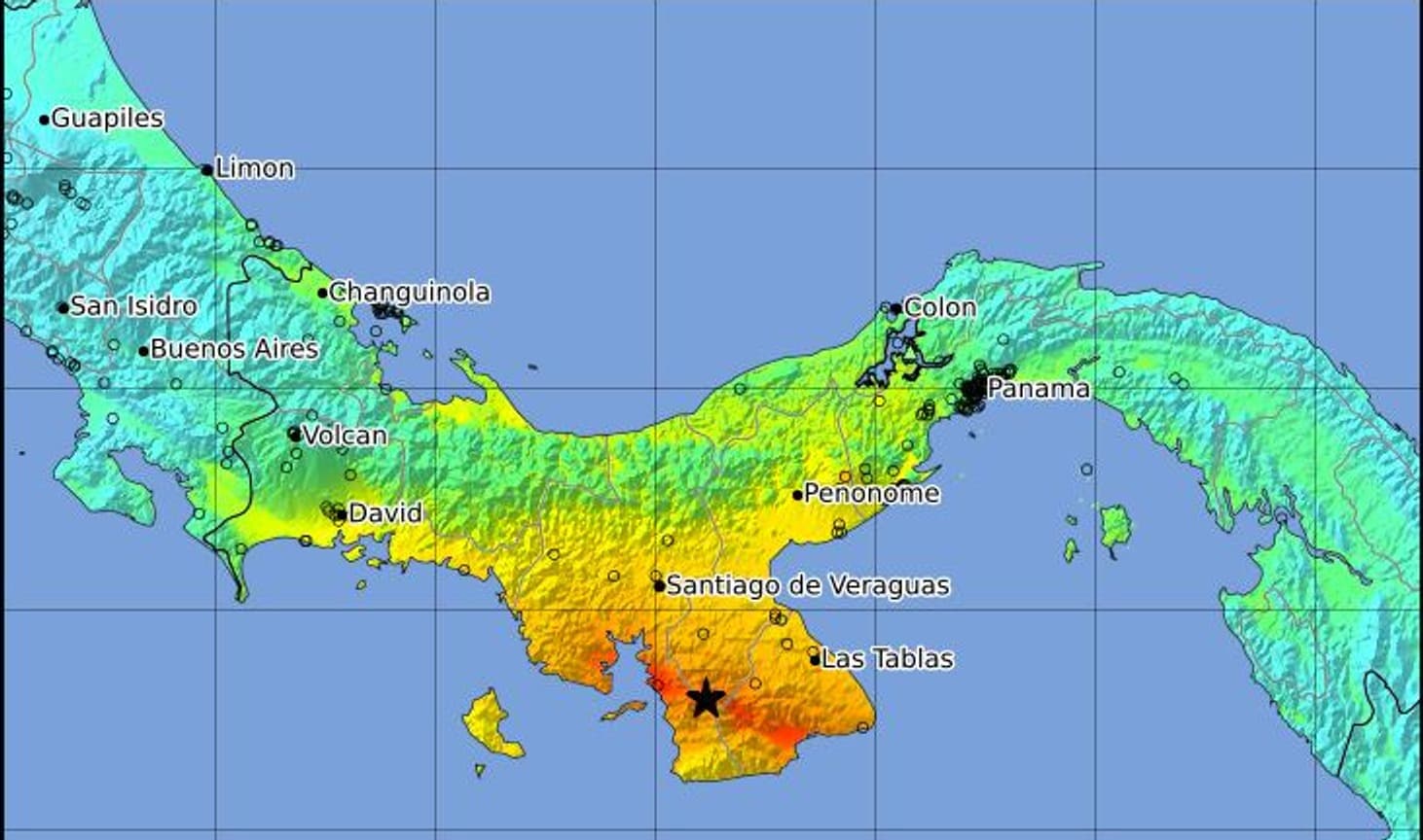 Mapa de intensidad del terremoto de magnitud 7,7 en Panamá, con el epicentro marcado